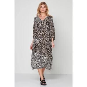 NU Denmark Ofir Midi Dress XL Animal Print 3/4 Balloon Sleeve V-Neck Lagenlook